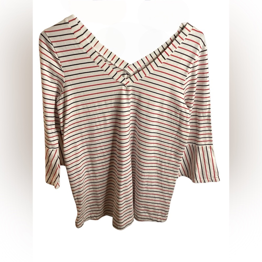 J. Jill Red and White Striped V-Neck 3/4 Sleeve Top